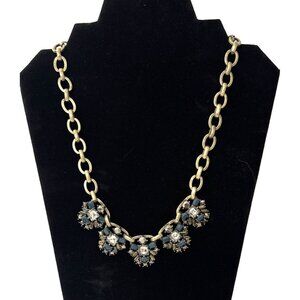 LOFT Floral Chunky Necklace Gold Tone Blue Crystals NWT